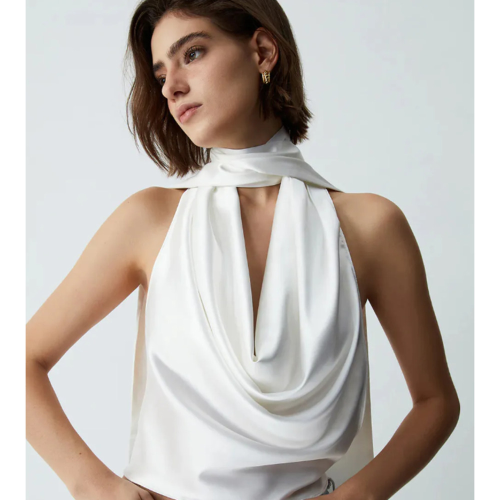 Cowl Neck Open Back Satin  Crop Top | Size Large